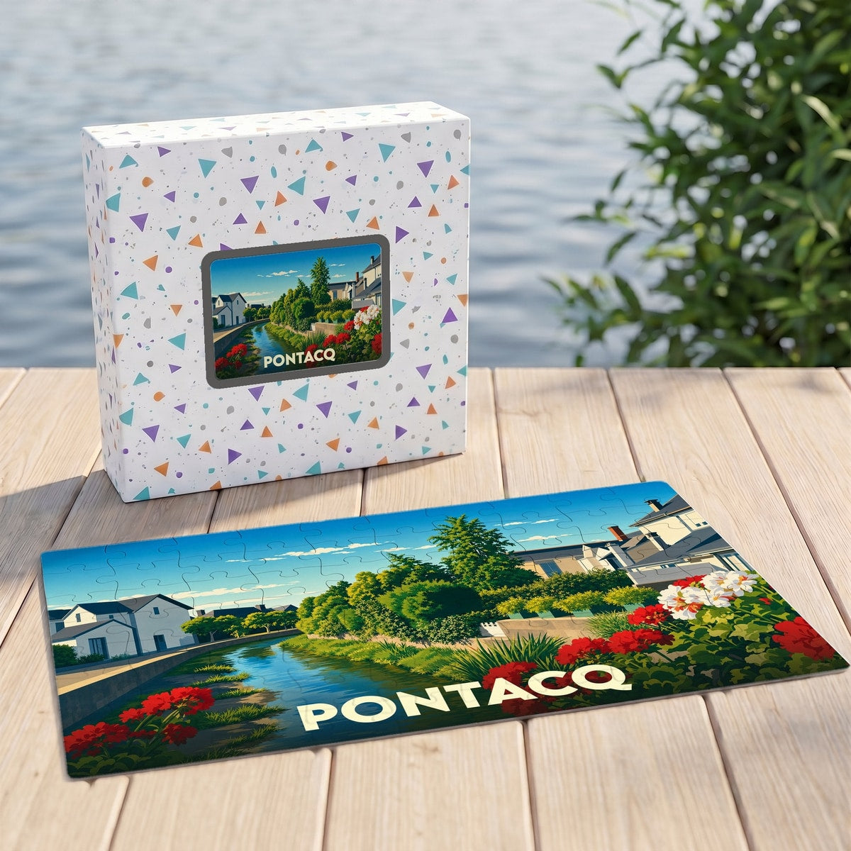 Puzzle souvenir de la ville de Pontacq illustrant un paysage paisible de canal fleuri.
