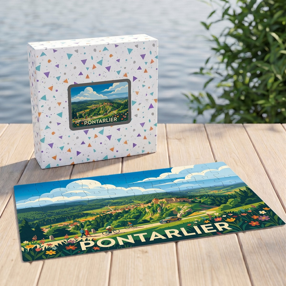 Puzzle souvenir de la ville de Pontarlier illustrant un paysage de campagne stylisé.