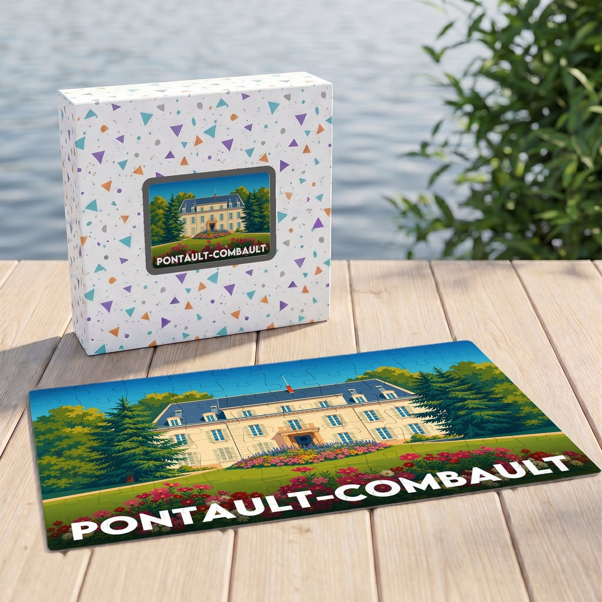 Puzzle souvenir de la ville de Pontault-Combault avec une illustration stylisée d'un manoir et son jardin.