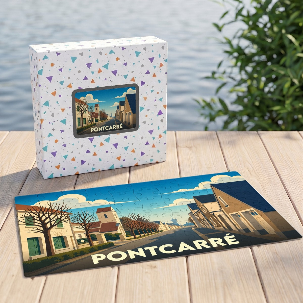 Puzzle souvenir de la ville de Pontcarré illustré par un paysage urbain au style graphique épuré.