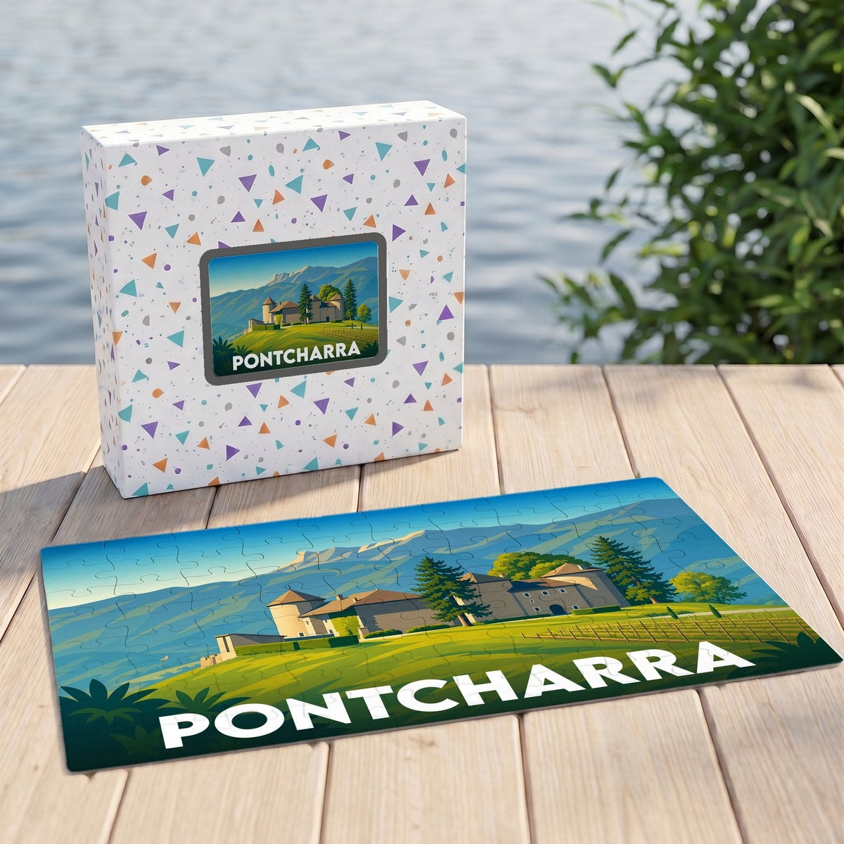 Puzzle souvenir de la ville de Pontcharra avec une illustration stylisée de son château et des montagnes environnantes.