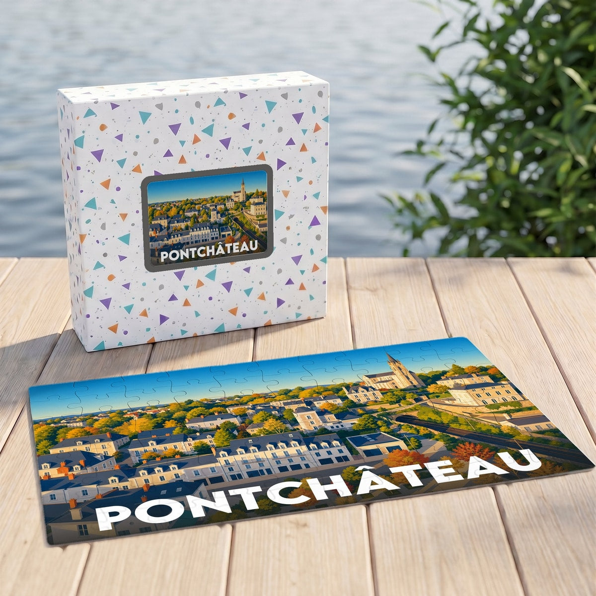Puzzle souvenir de la ville de Pontchâteau présentant une illustration colorée du paysage urbain.