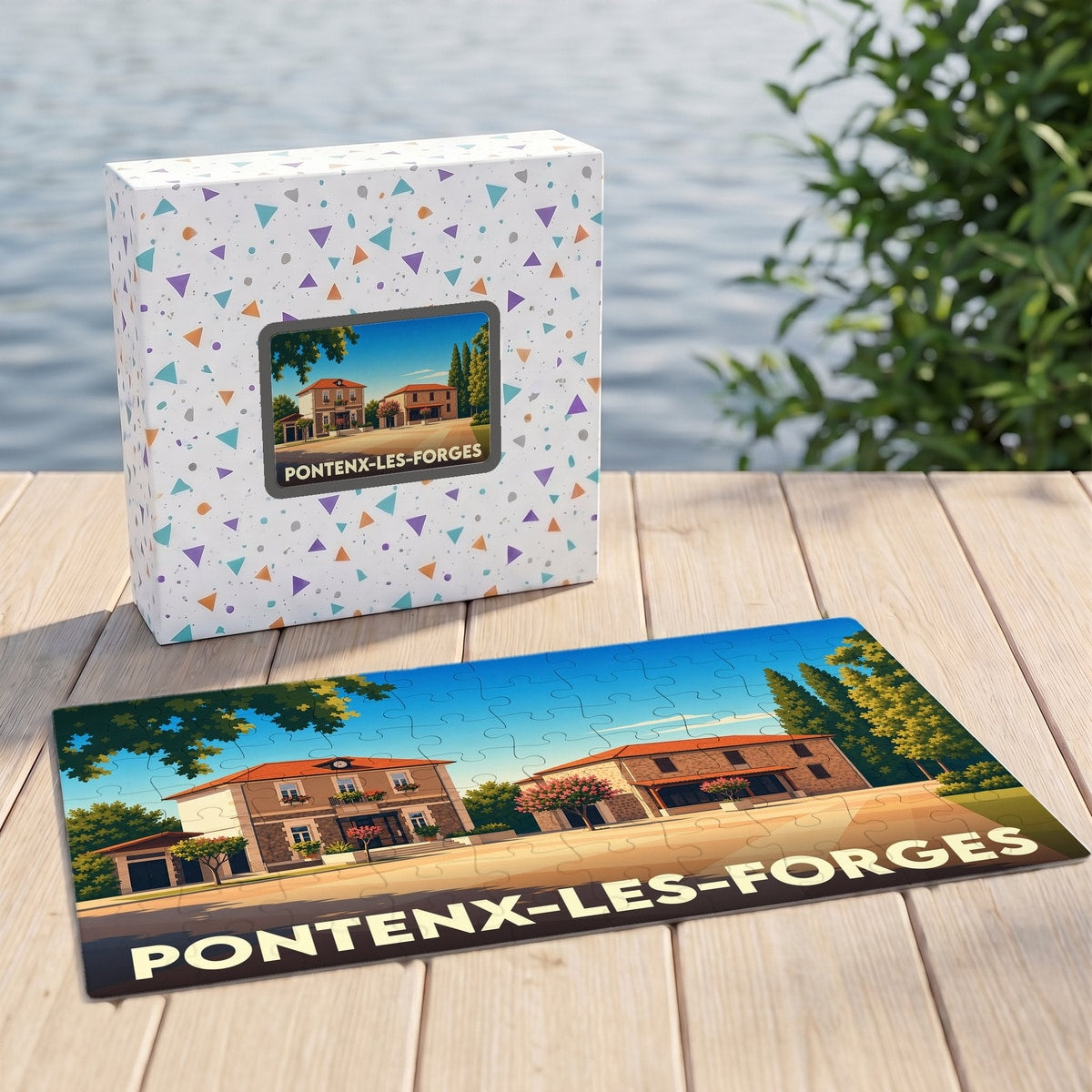 Puzzle souvenir de la ville de Pontenx-les-Forges avec une illustration stylisée de bâtiments locaux.