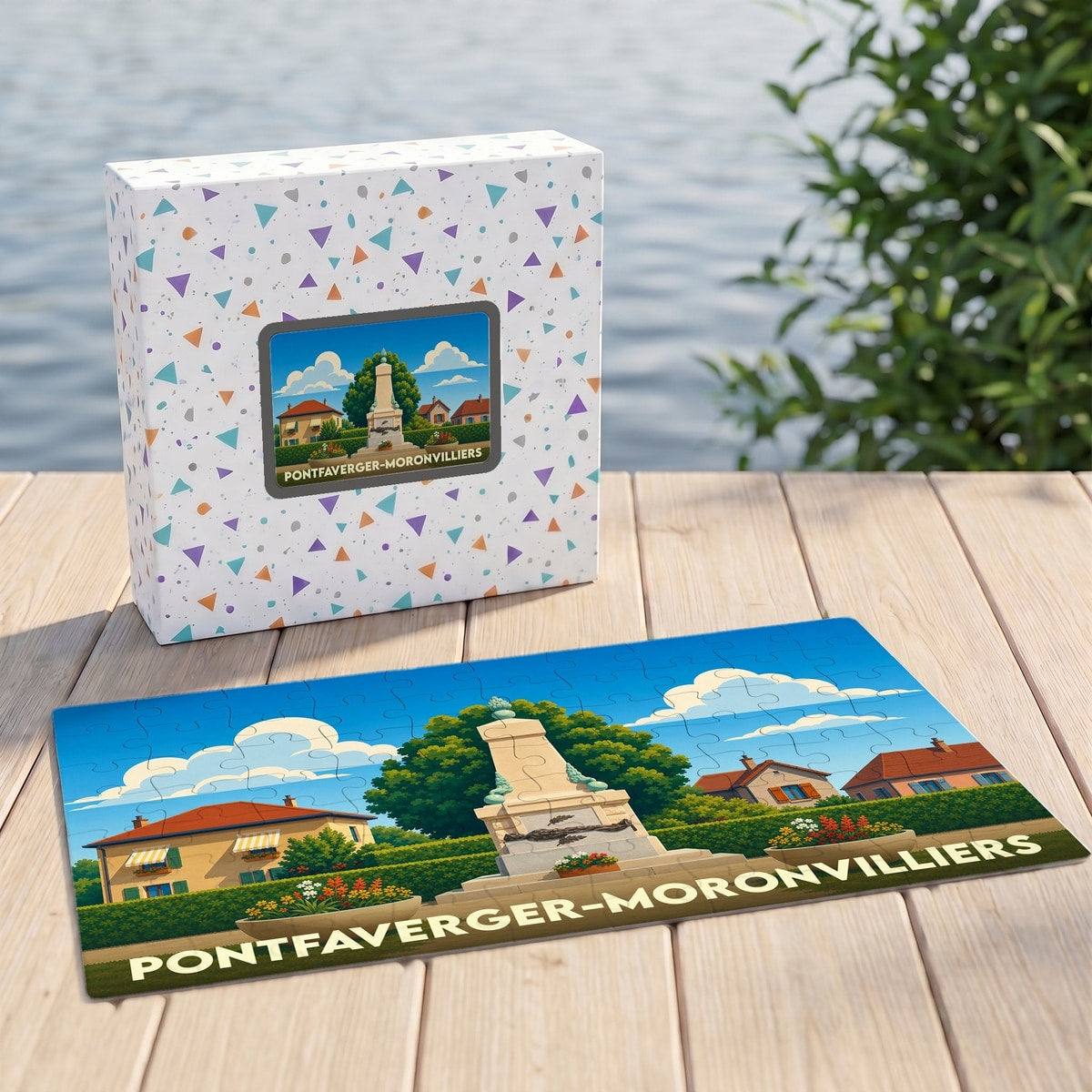 Puzzle souvenir de la ville de Pontfaverger-Moronvilliers avec une illustration colorée et stylisée de son monument.