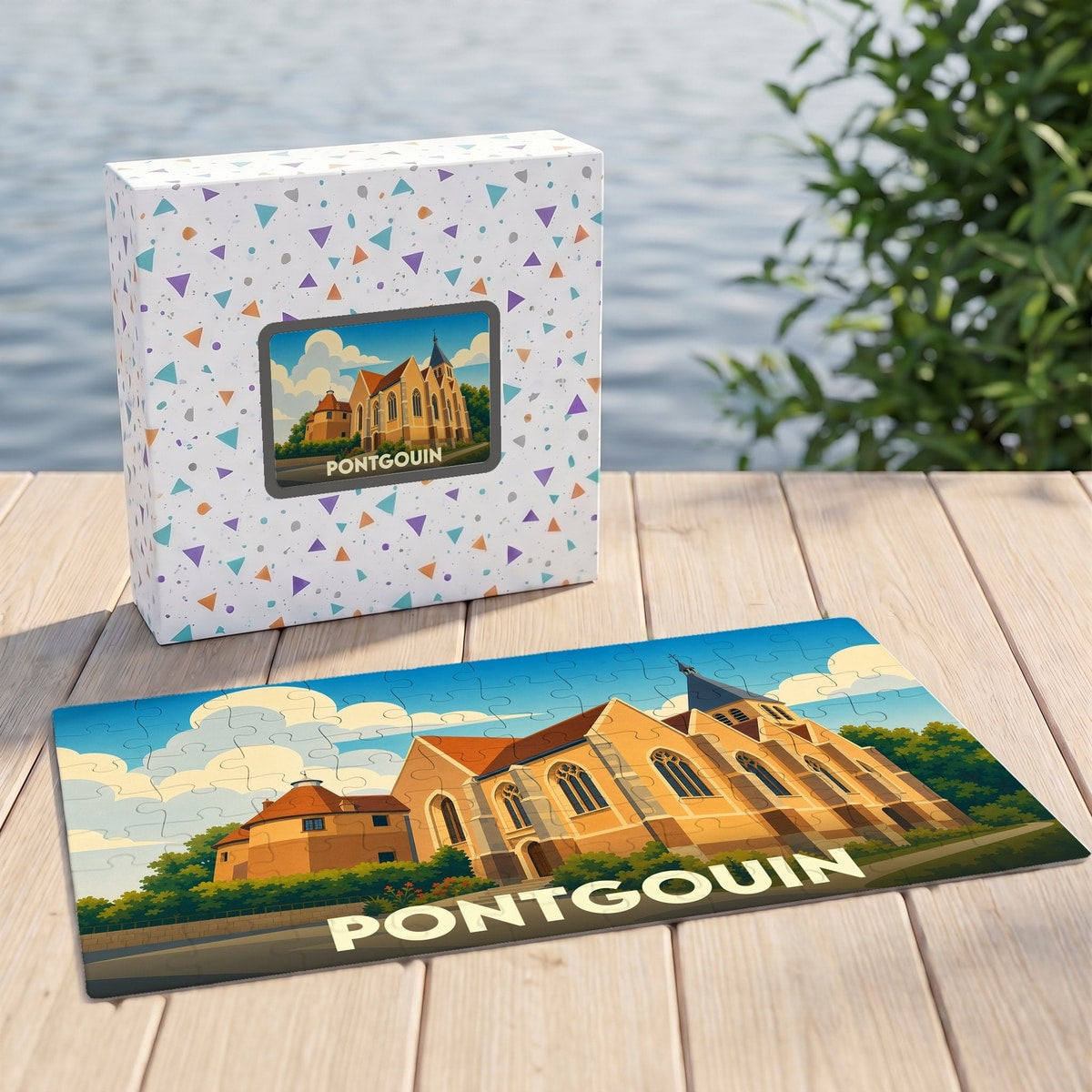 Puzzle souvenir de la ville de Pontgouin avec une illustration stylisée de son église.