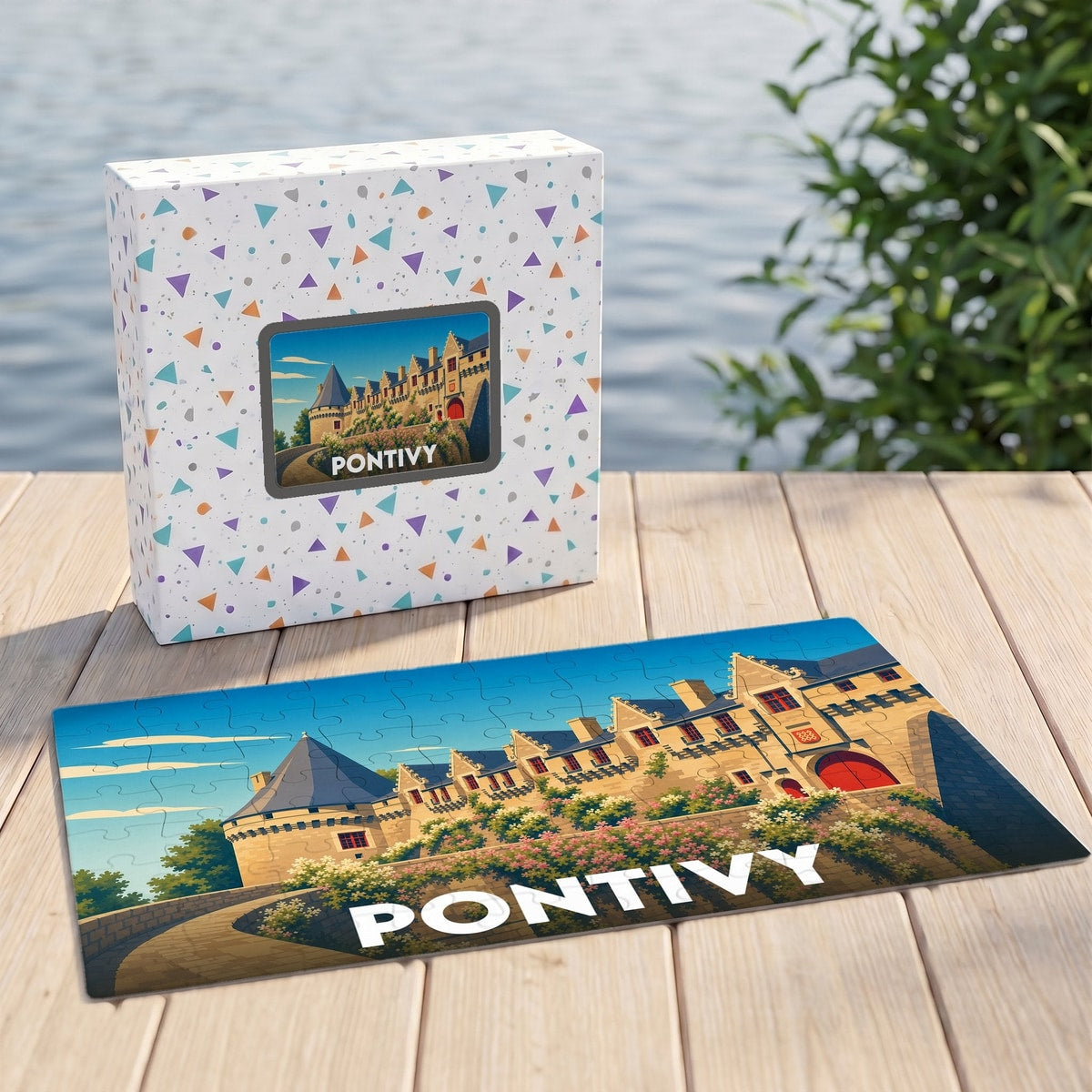 Puzzle souvenir de la ville de Pontivy avec une illustration stylisée du château, présenté devant sa boîte sur un ponton en bois.