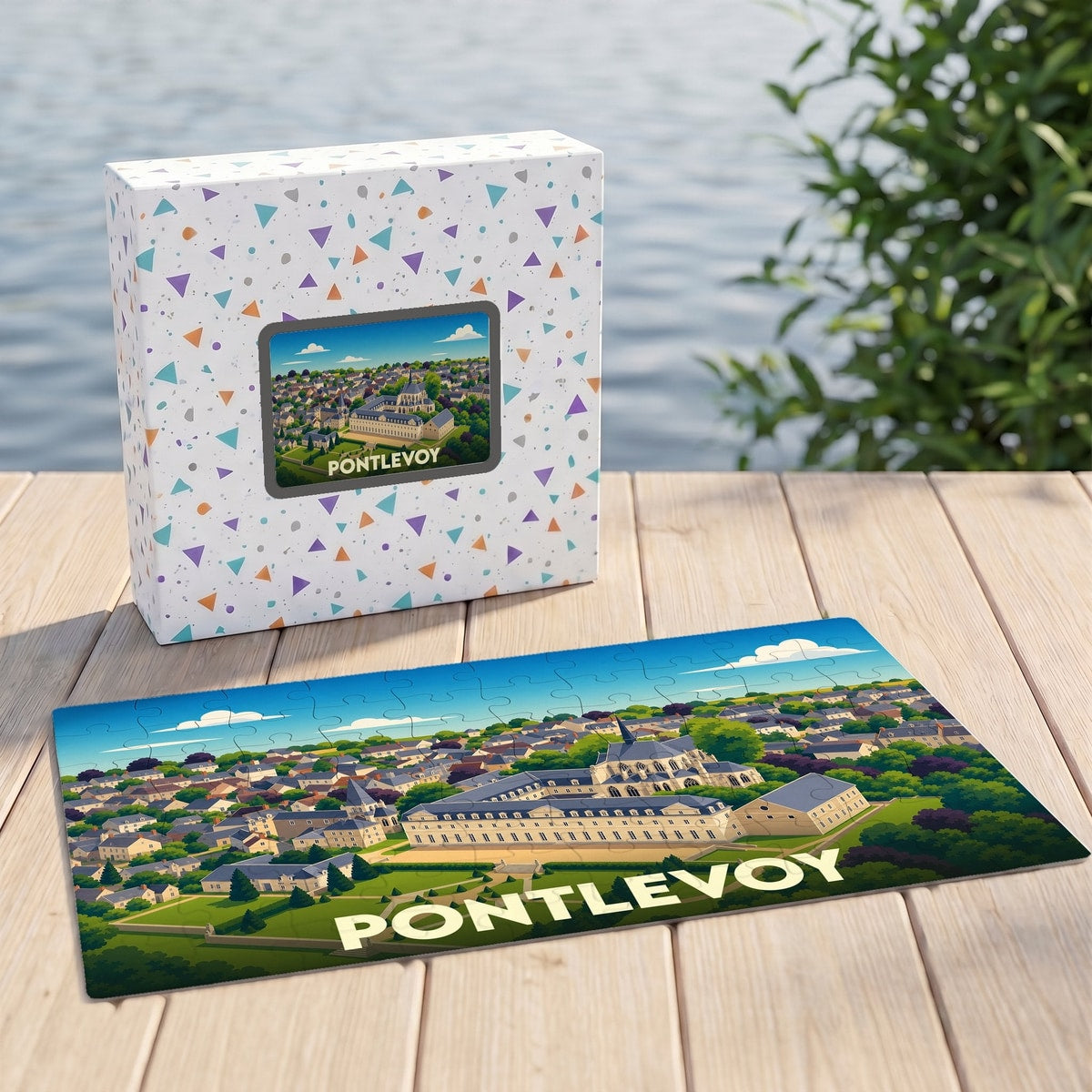 Puzzle souvenir de la ville de Pontlevoy avec une illustration stylisée et colorée.