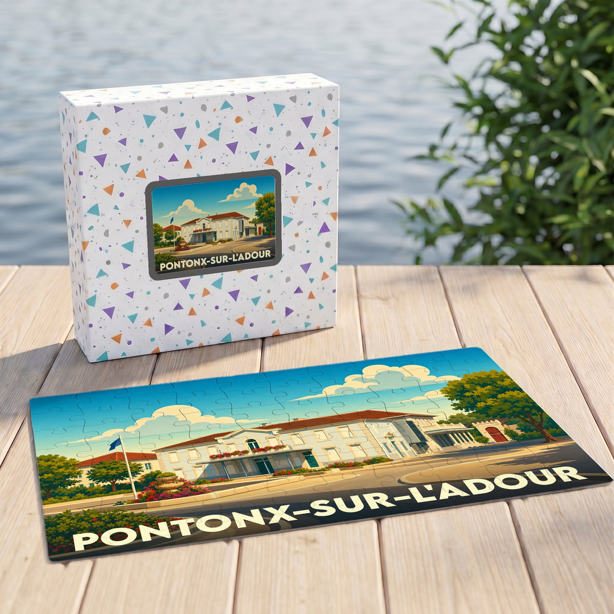 Puzzle souvenir de la ville de Pontonx-sur-l'Adour avec une illustration stylisée de son architecture.