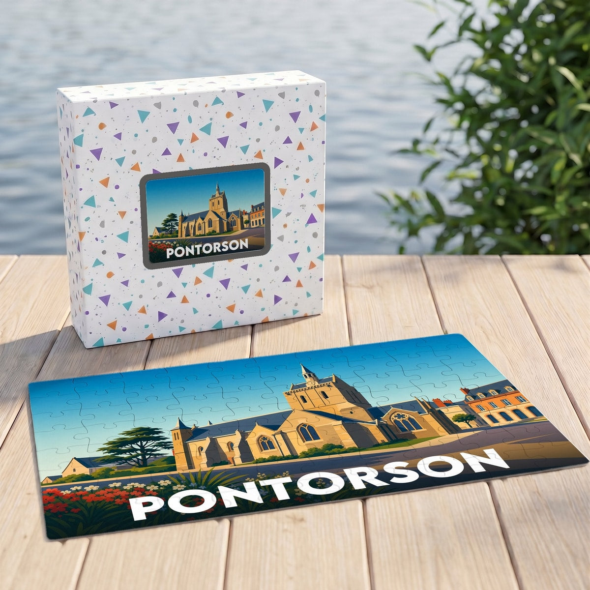 Puzzle souvenir de la ville de Pontorson avec une illustration stylisée d'une église.