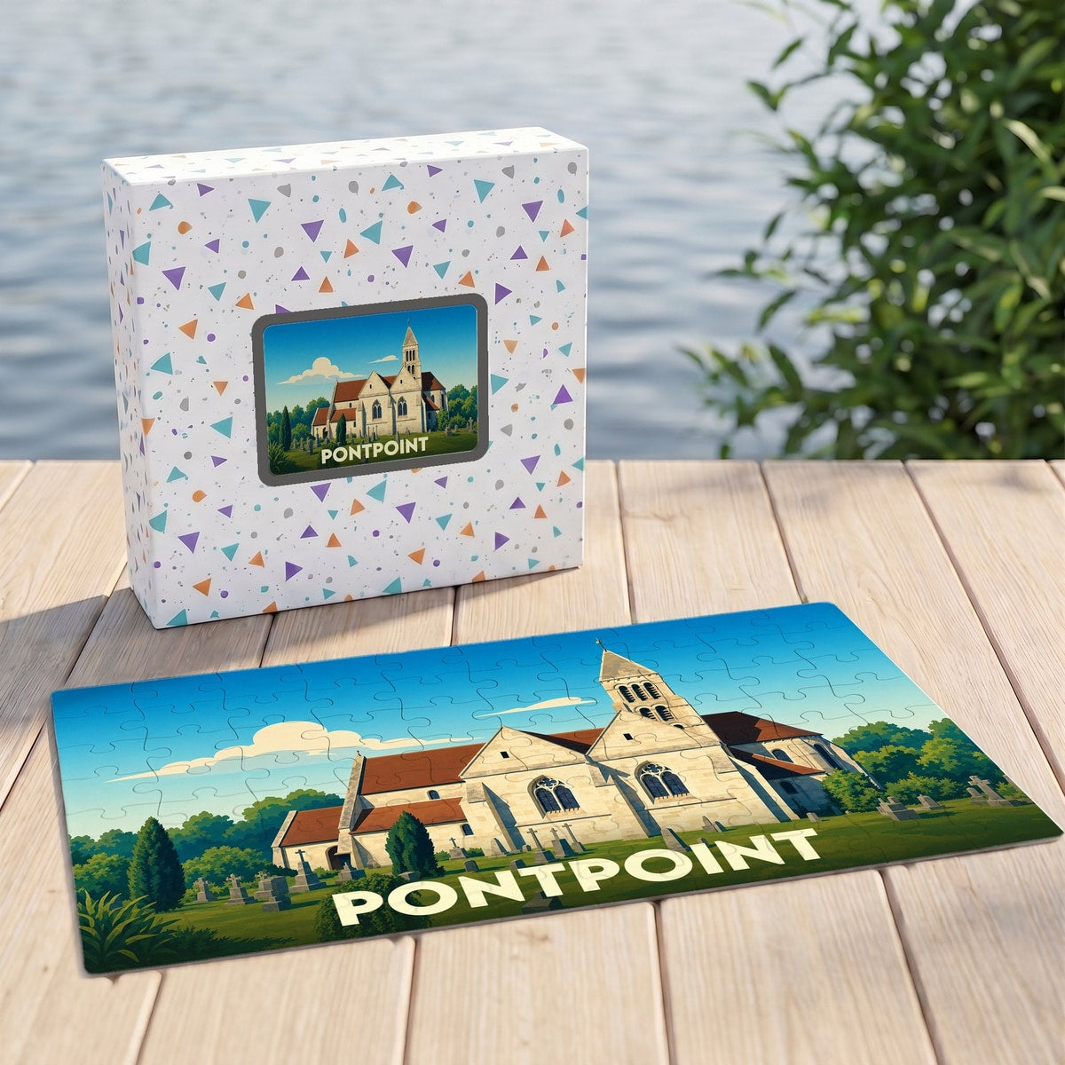 Puzzle souvenir de la ville de Pontpoint avec une illustration stylisée de son église.