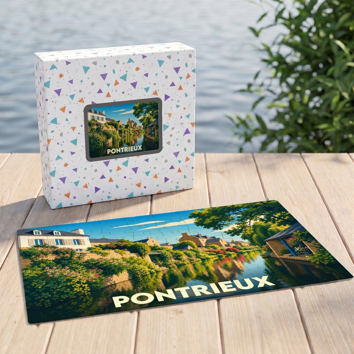 Puzzle souvenir de la ville de Pontrieux avec une illustration stylisée et colorée de ses quais.