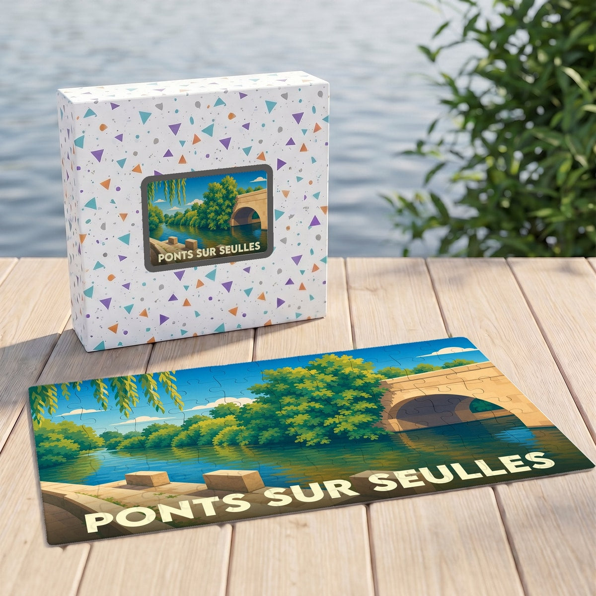 Puzzle souvenir de la ville de Ponts sur Seulles avec une illustration stylisée d'un pont en bord de rivière.
