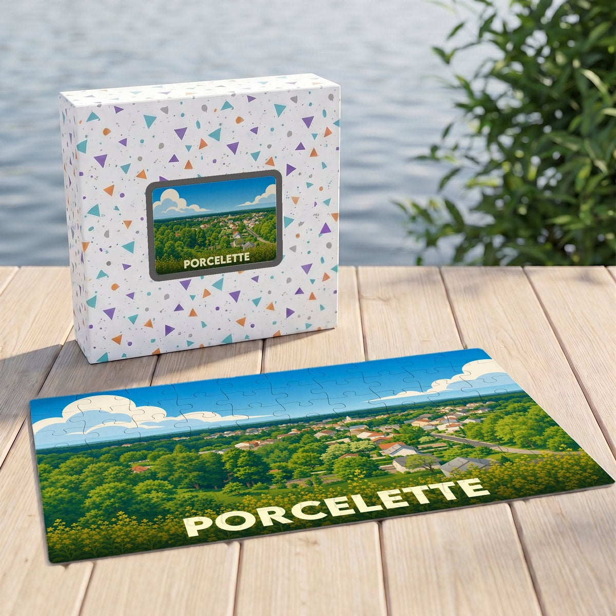 Puzzle souvenir de la ville de Porcelette avec une illustration paysagère stylisée.