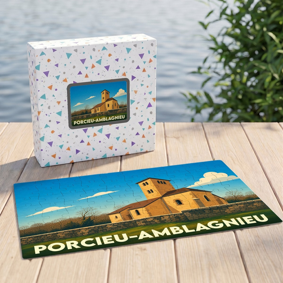 Puzzle souvenir de la ville de Porcieu-Amblagnieu avec son carton d'emballage assorti.