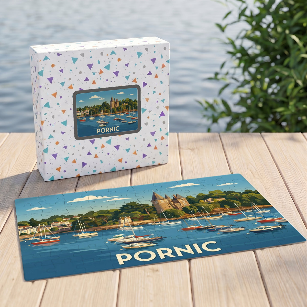 Puzzle souvenir de la ville de Pornic avec une illustration stylisée de son port et de son château.