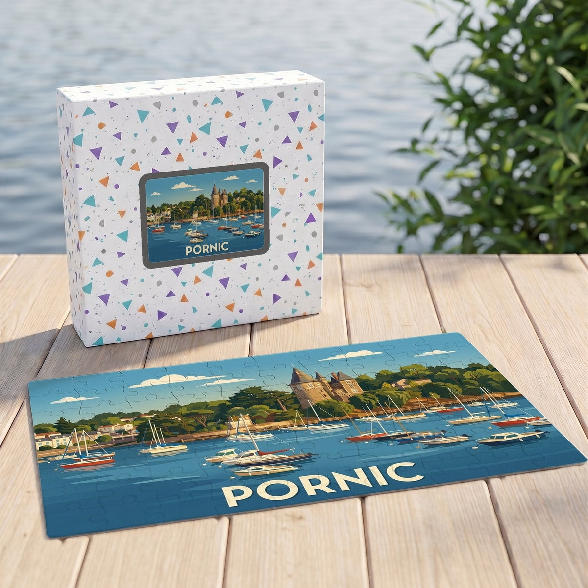 Puzzle souvenir de la ville de Pornic avec une illustration stylisée de son port et de son château.