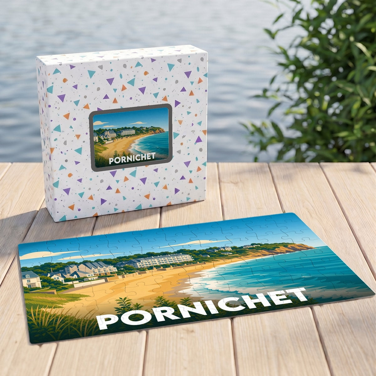 Puzzle souvenir de la ville de Pornichet avec une illustration stylisée de sa plage et de son front de mer.