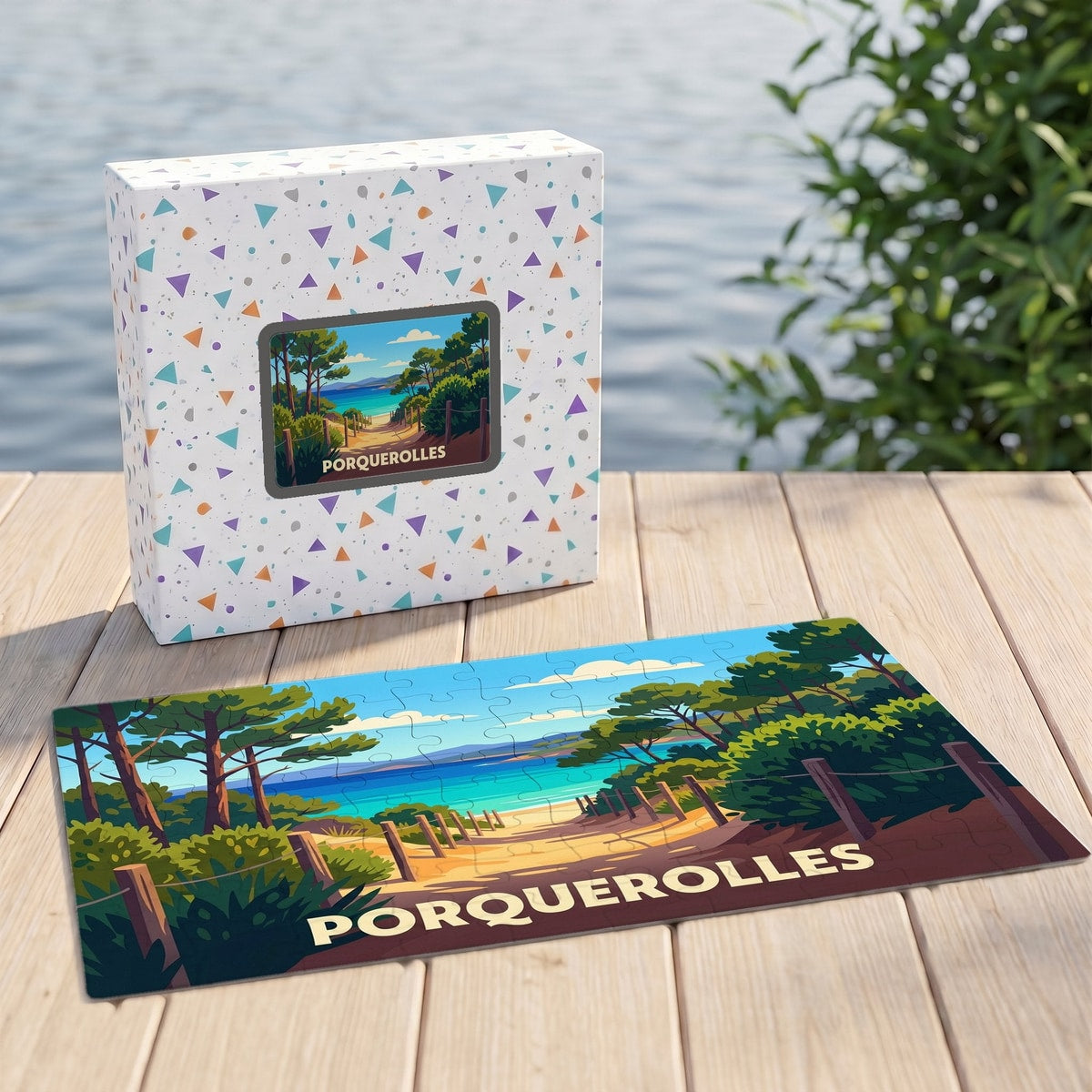 Puzzle souvenir de la ville de Porquerolles avec une illustration stylisée d'un sentier côtier.