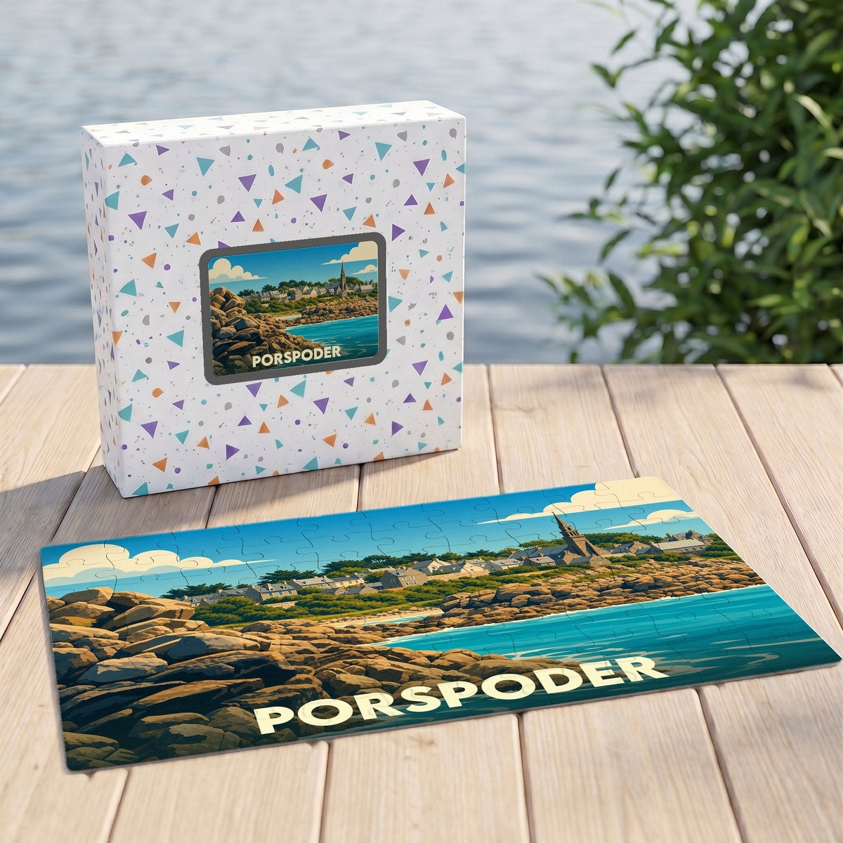 Puzzle souvenir de la ville de Porspoder avec une illustration stylisée de son littoral rocheux.