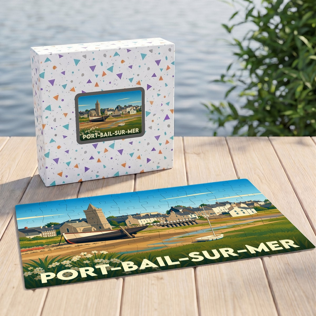 Puzzle souvenir de Port-Bail-sur-Mer avec une illustration stylisée de son paysage côtier.