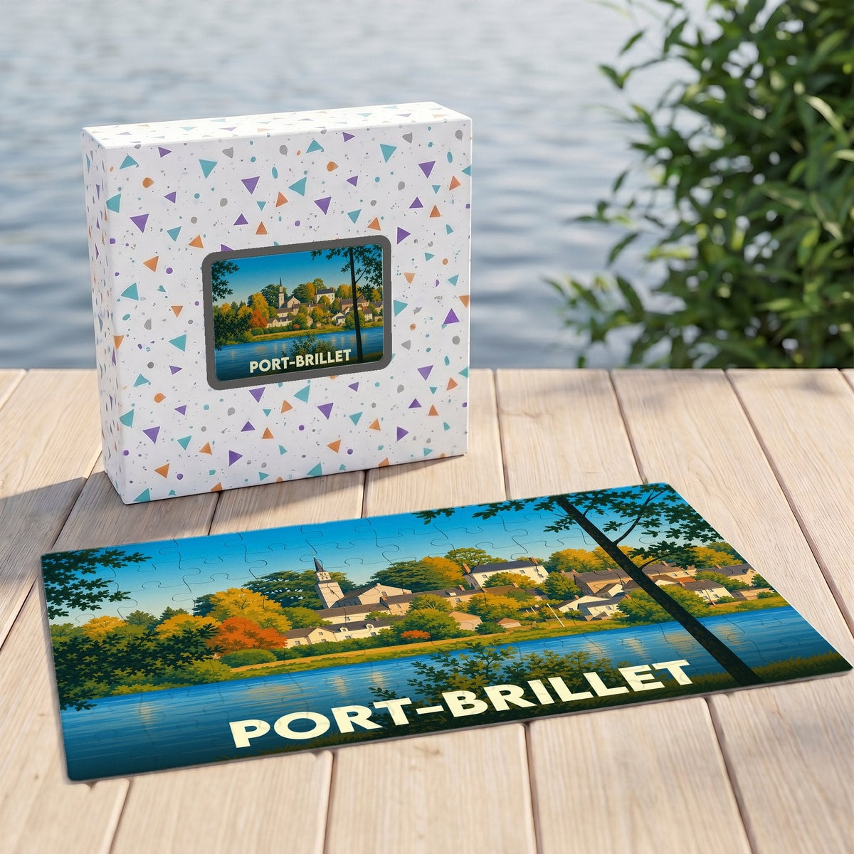 Puzzle souvenir de la ville de Port-Brillet avec une illustration stylisée de son paysage riverain.