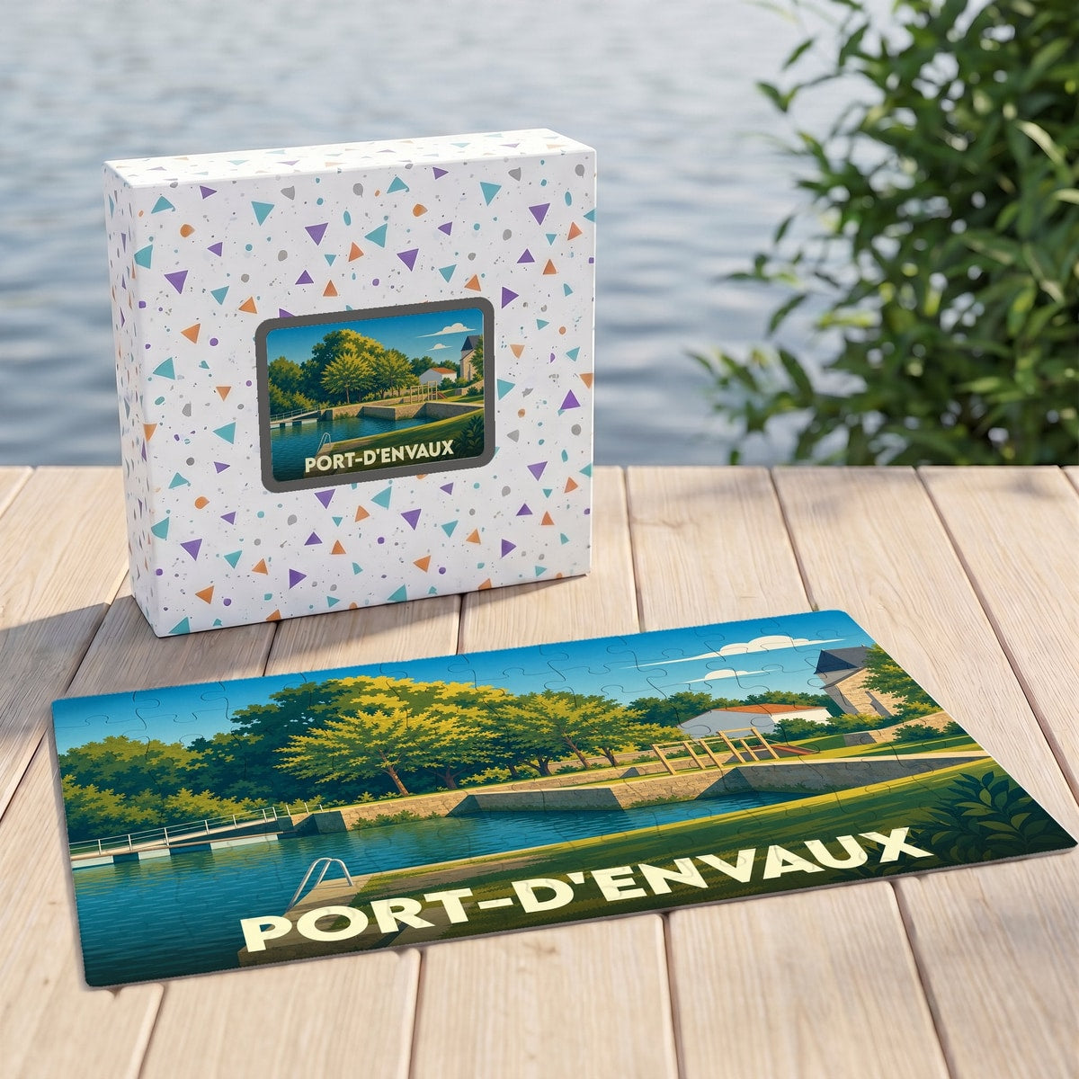 Puzzle souvenir de la ville de Port-d'Envaux avec une illustration stylisée de ses bords de Charente.