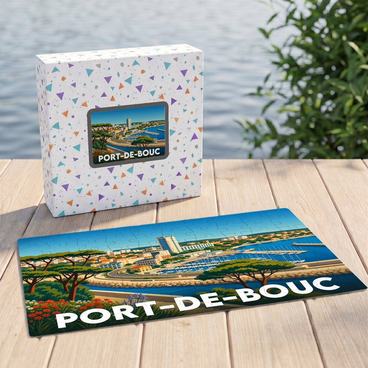 Puzzle souvenir de la ville de Port-de-Bouc avec une illustration stylisée et colorée de son port.