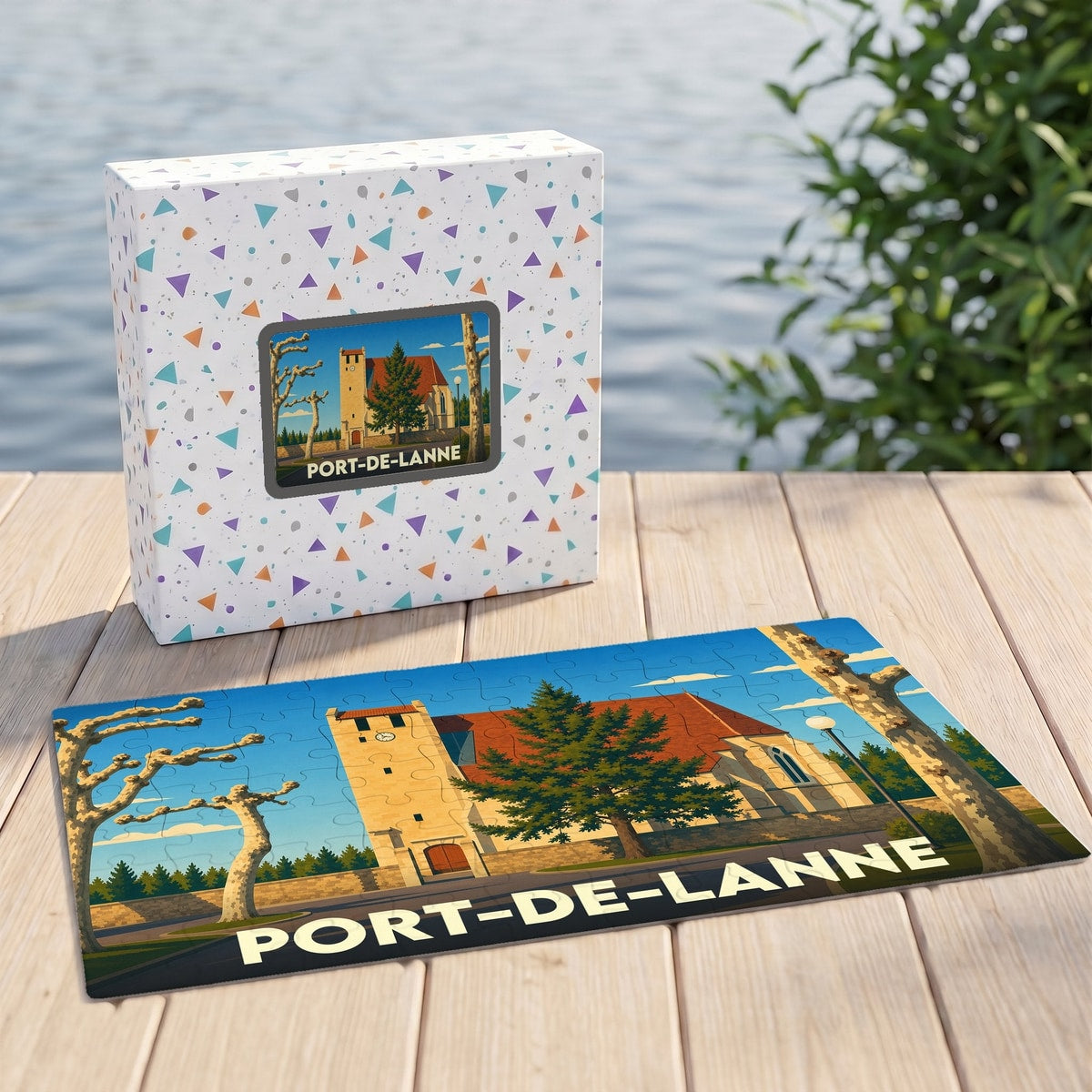 Puzzle souvenir de la ville de Port-de-Lanne avec une illustration stylisée de son église.