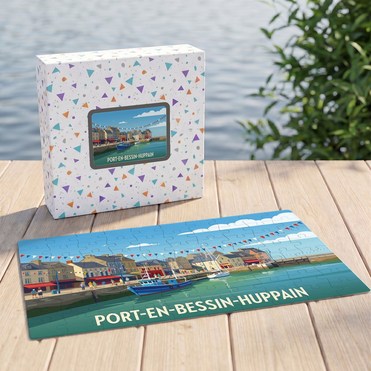 Puzzle souvenir de la ville de Port-en-Bessin-Huppain avec une illustration stylisée de son port.