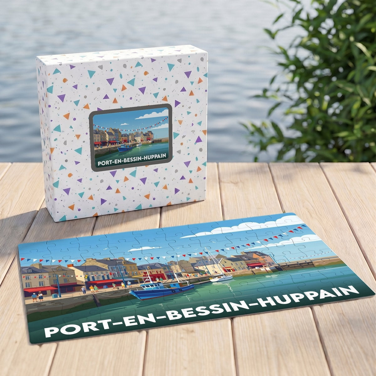 Puzzle souvenir de la ville de Port-en-Bessin-Huppain avec une illustration stylisée de son port.