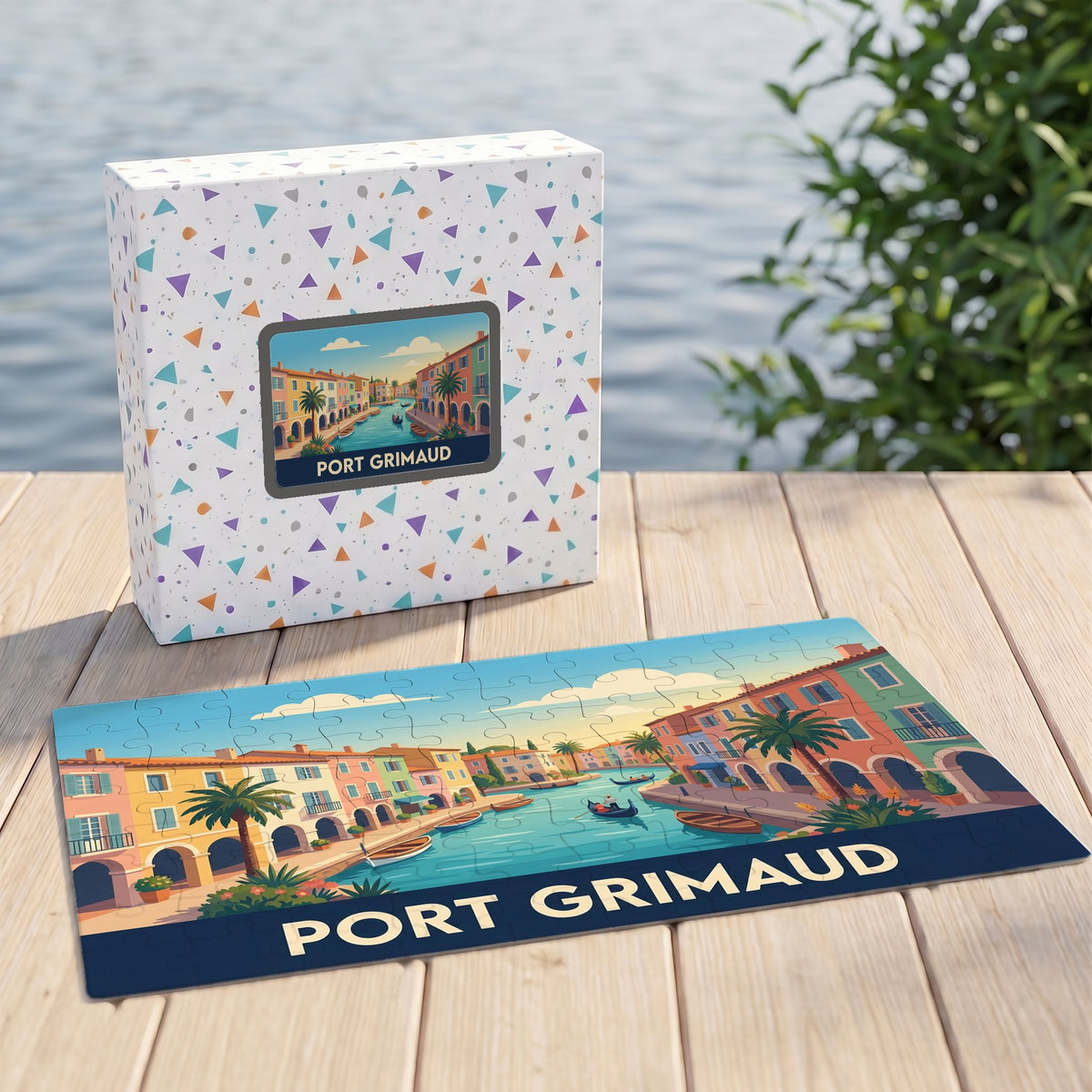 Puzzle souvenir de la ville de Port Grimaud avec une illustration colorée et stylisée de ses canaux.