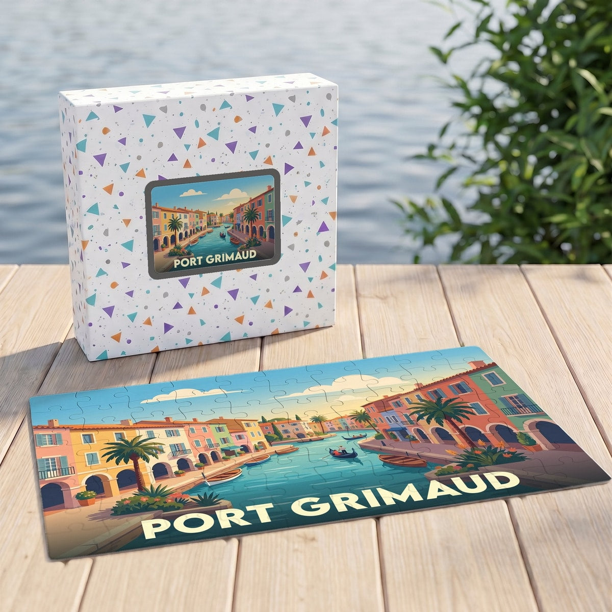 Puzzle souvenir de la ville de Port Grimaud avec une illustration colorée et stylisée de ses canaux.