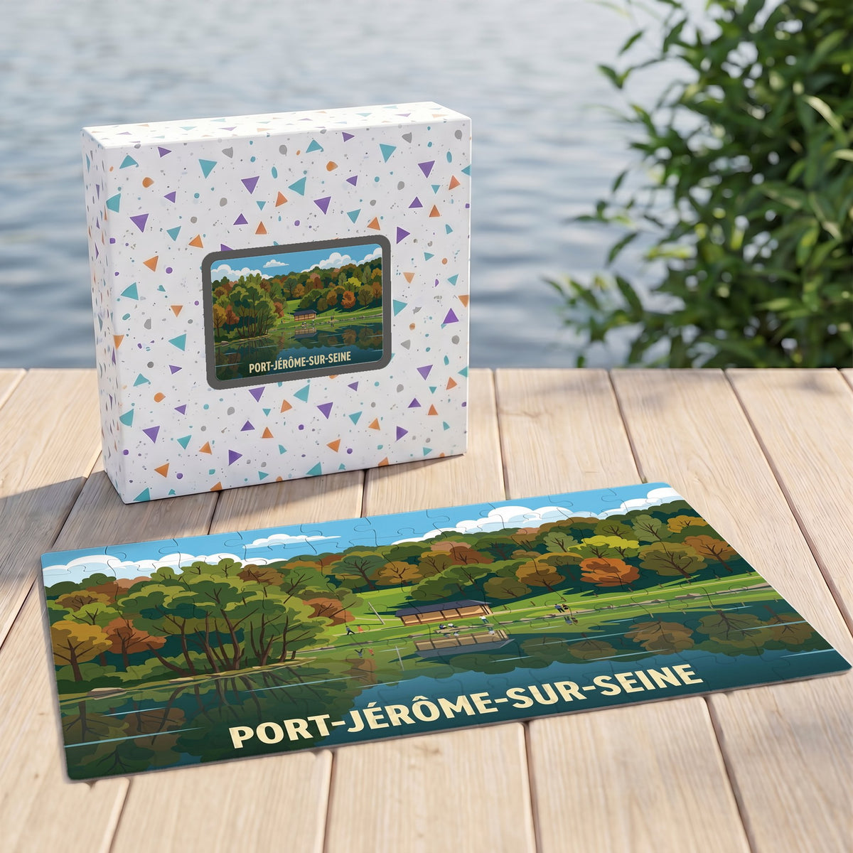 Puzzle souvenir de la ville de Port-Jérôme-sur-Seine avec une illustration stylisée d'un paysage arboré en bord de l'eau.