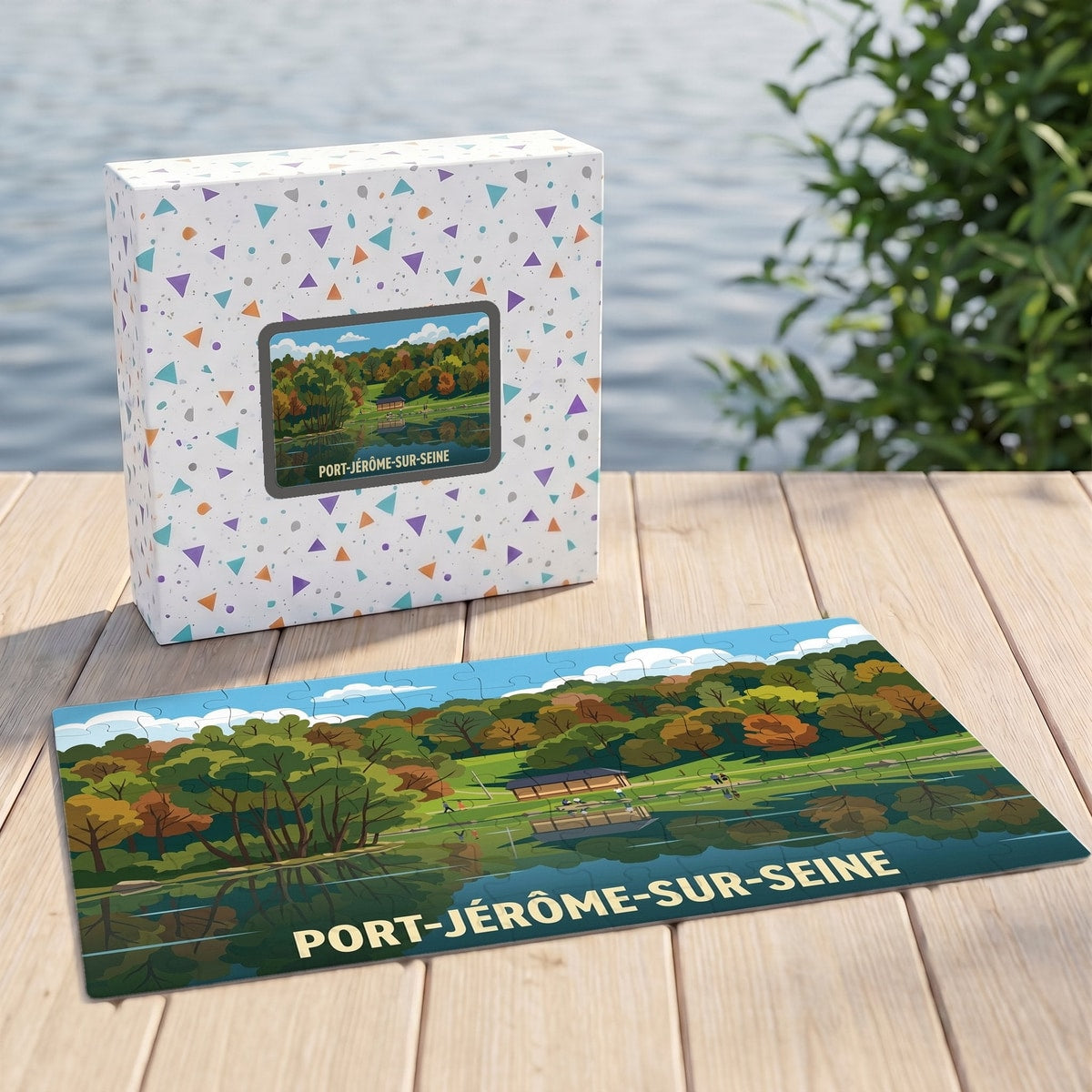 Puzzle souvenir de la ville de Port-Jérôme-sur-Seine avec une illustration stylisée d'un paysage arboré en bord de l'eau.