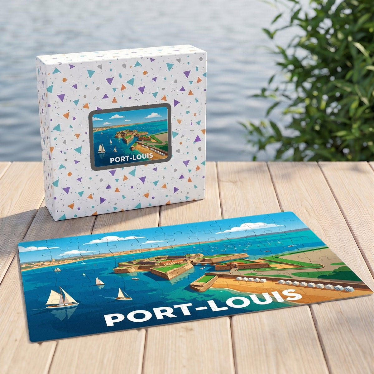Puzzle souvenir de la ville de Port-Louis avec une illustration stylisée de sa citadelle et de voiliers.
