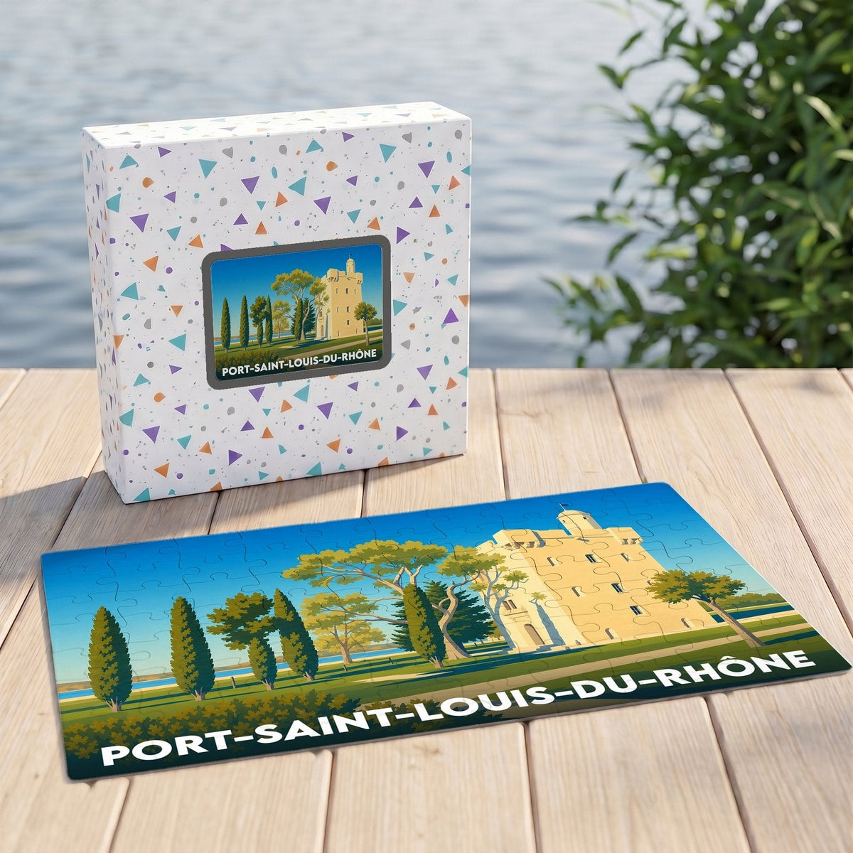 Puzzle souvenir de la ville de Port-Saint-Louis-du-Rhône avec une illustration stylisée de sa tour historique.