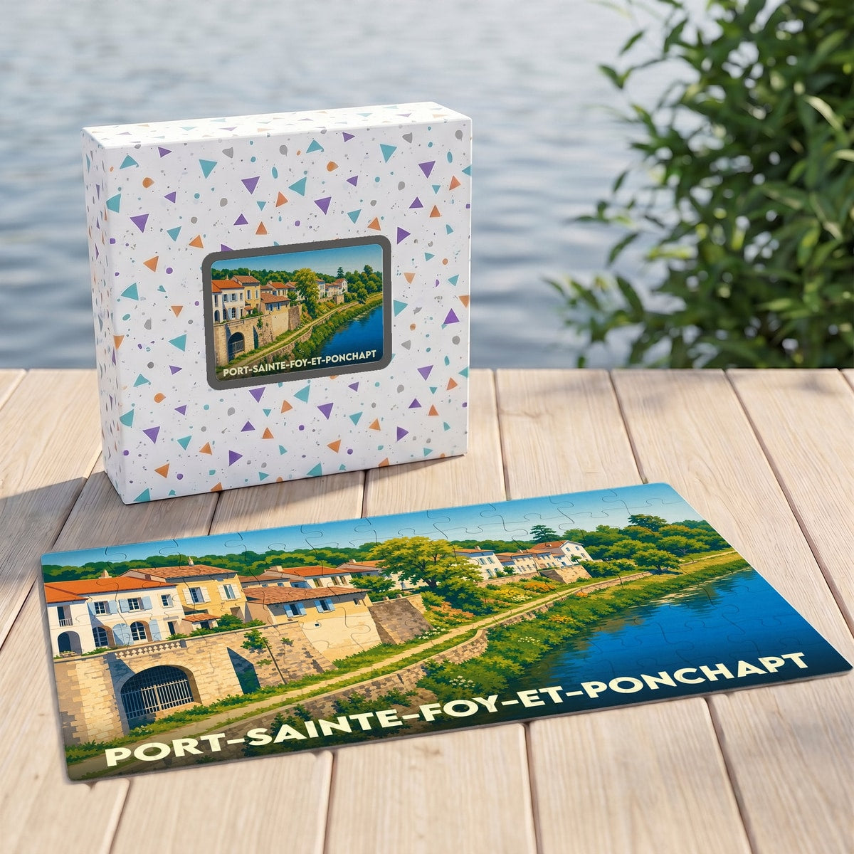 Puzzle souvenir de la ville de Port-Sainte-Foy-et-Ponchapt avec une illustration stylisée des quais bordant la rivière.