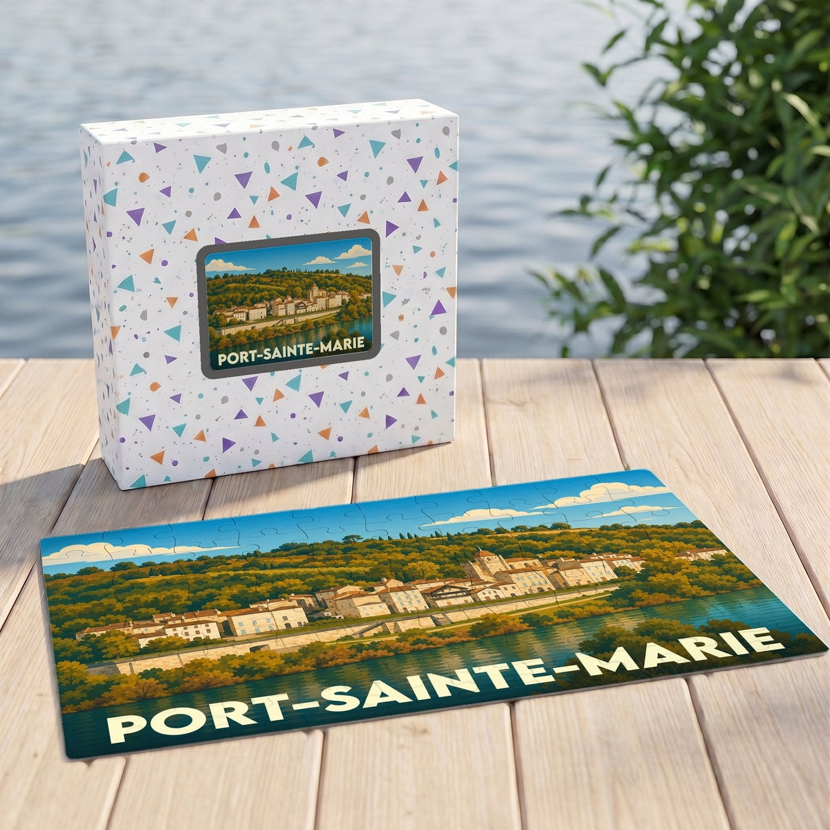 Puzzle souvenir de la ville de Port-Sainte-Marie avec une illustration stylisée et colorée.