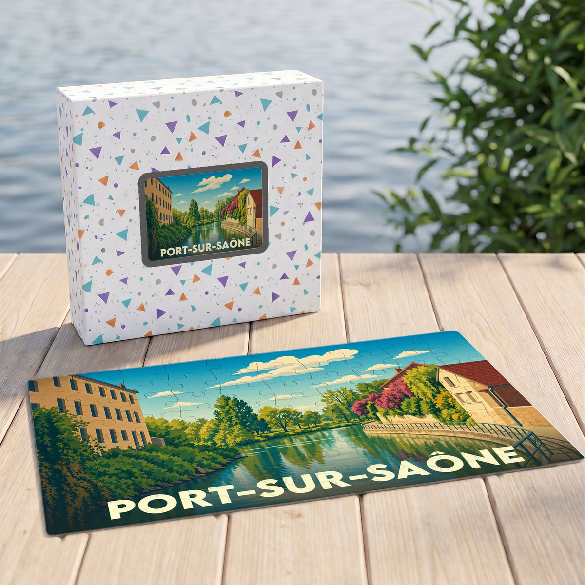 Puzzle souvenir de la ville de Port-sur-Saône avec une illustration stylisée et colorée.