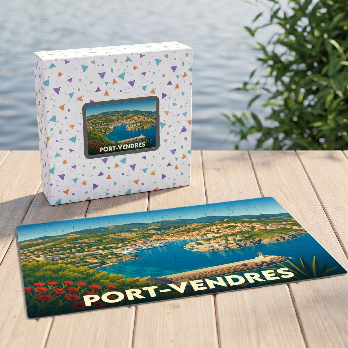 Puzzle souvenir de la ville de Port-Vendres avec une illustration stylisée.