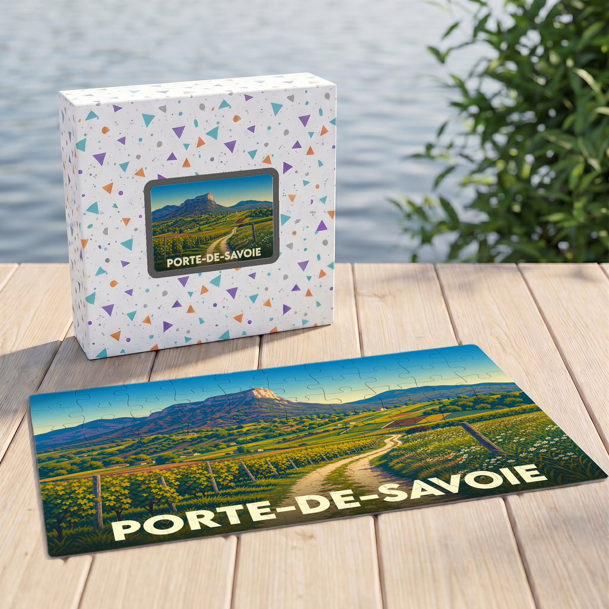 Puzzle souvenir de la ville de Porte-de-Savoie avec une illustration stylisée d'un paysage de vignobles.