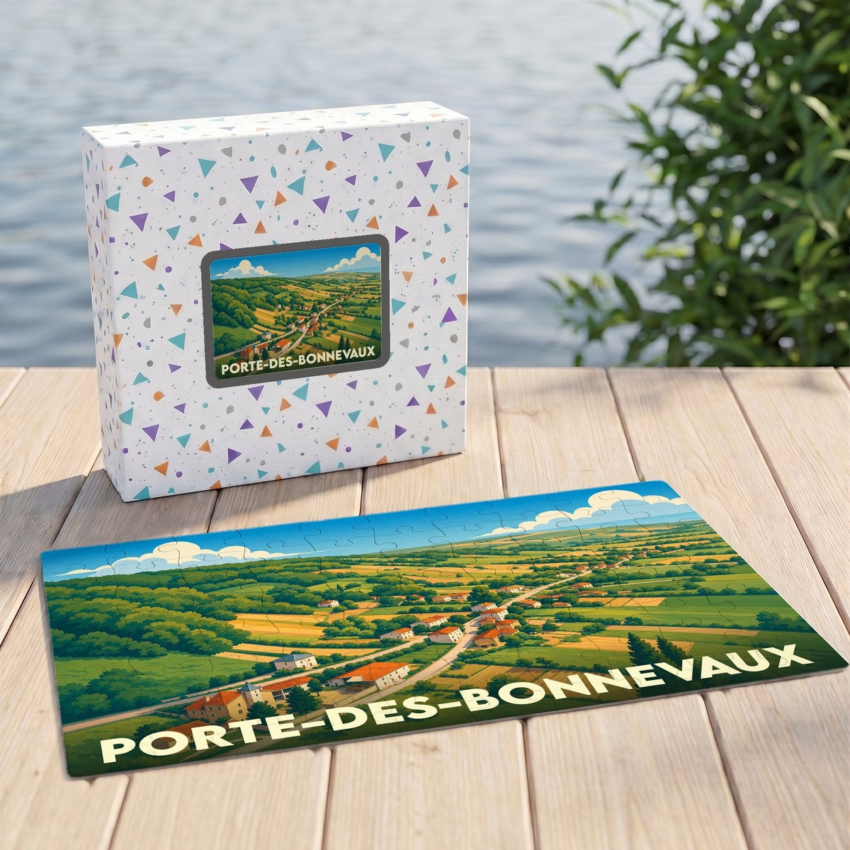 Puzzle souvenir de la ville de Porte-des-Bonnevaux représentant un paysage rural illustré.