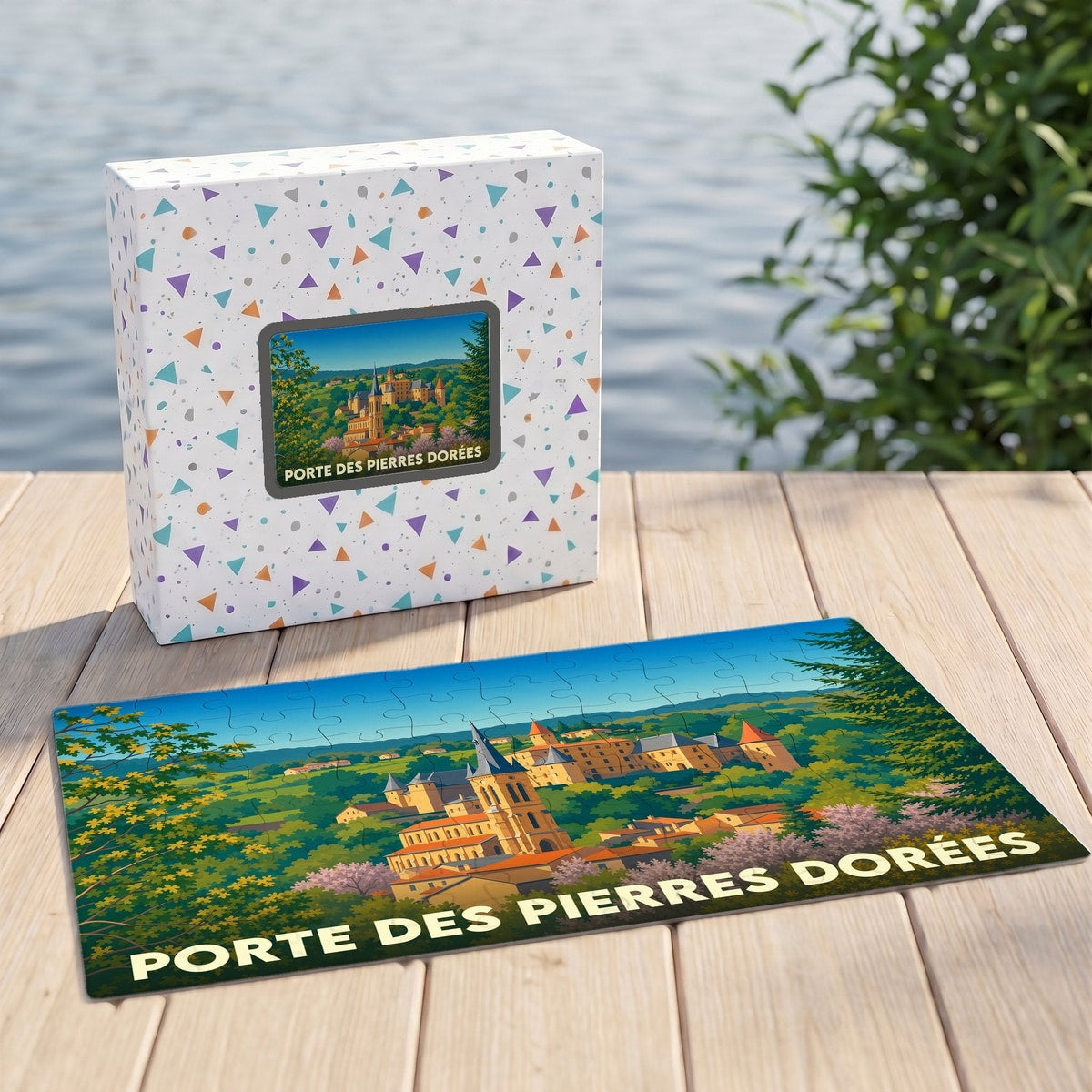 Puzzle souvenir de la ville de Porte des Pierres Dorées avec une illustration de paysage vallonné et sa boîte assortie.