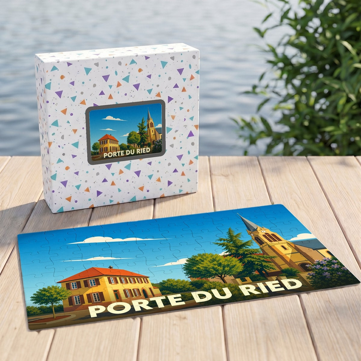 Puzzle souvenir de la ville de Porte du Ried avec une illustration colorée et stylisée.