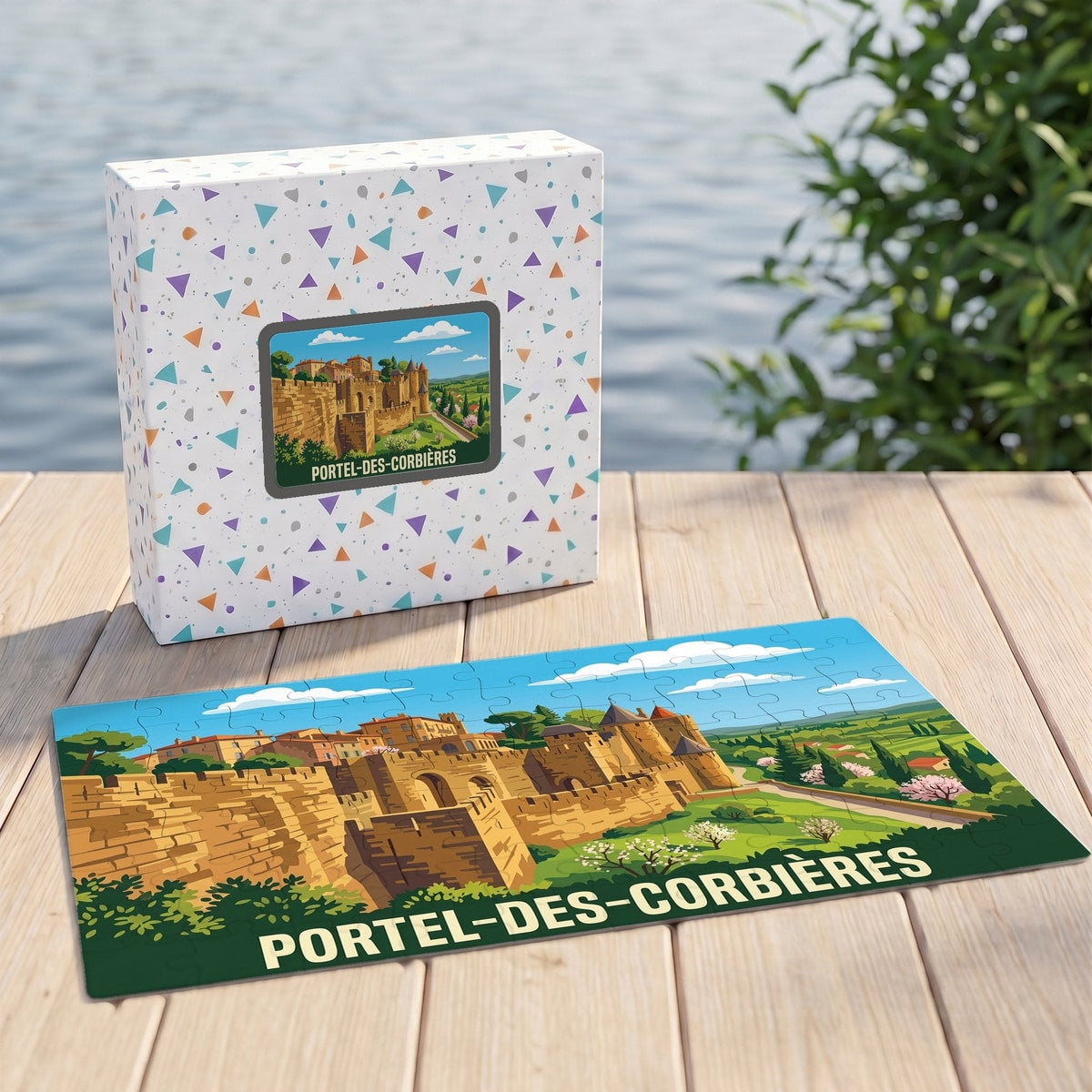 Puzzle souvenir de la ville de Portel-des-Corbières avec une illustration stylisée de ses remparts.