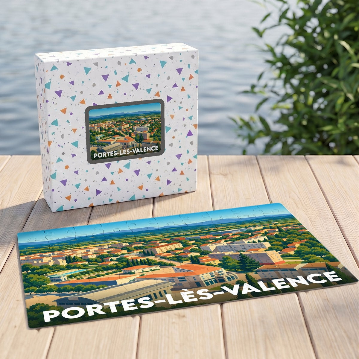Puzzle souvenir de la ville de Portes-lès-Valence avec une illustration panoramique colorée.