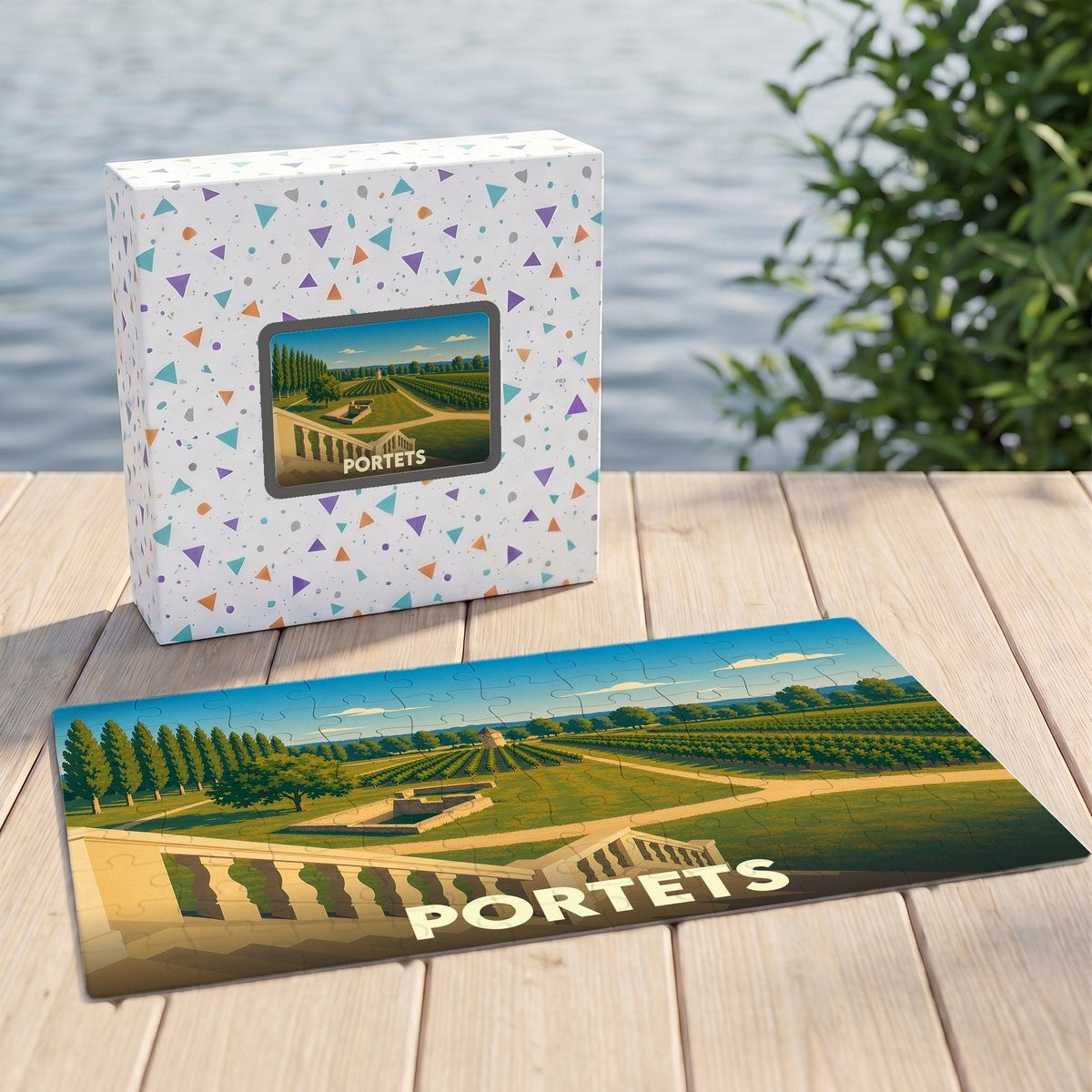 Puzzle souvenir de la ville de Portets avec une illustration stylisée de son paysage viticole.
