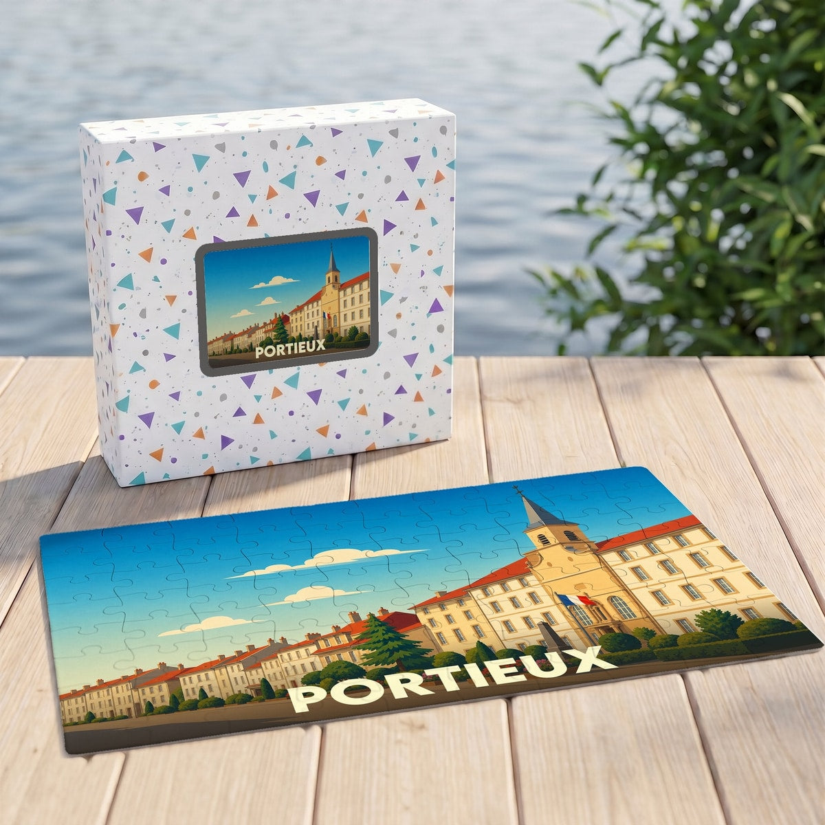 Puzzle souvenir de la ville de Portieux avec une illustration stylisée de son architecture.