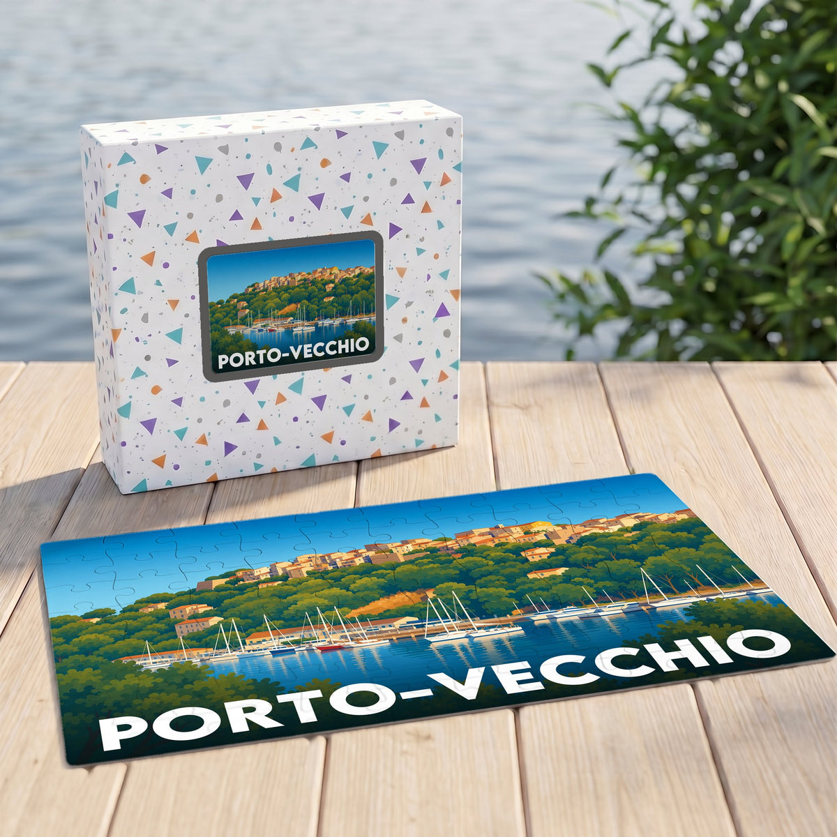 Puzzle souvenir de la ville de Porto-Vecchio avec une illustration stylisée de son port.