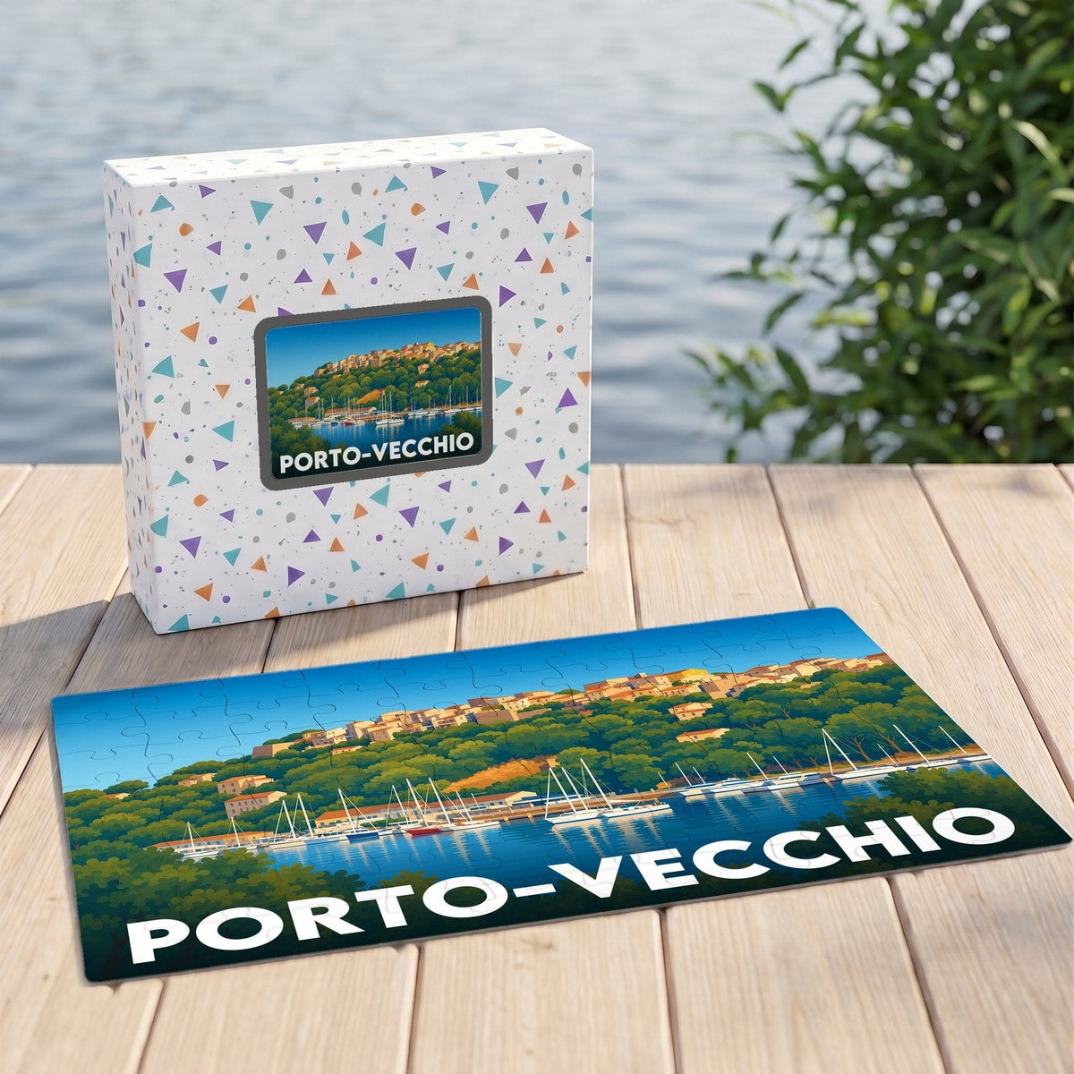 Puzzle souvenir de la ville de Porto-Vecchio avec une illustration stylisée de son port.